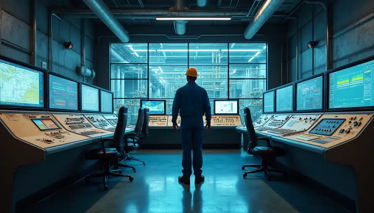 Operator in hard hat monitors multiple screens in a chemical plant control room during DCS migration.