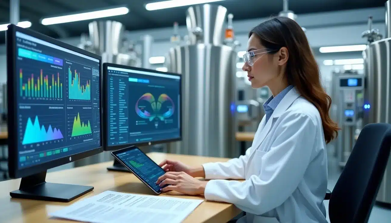 Pharmaceutical engineer in lab coat analyzing AI-powered compliance data on multiple computer screens in a lab setting.