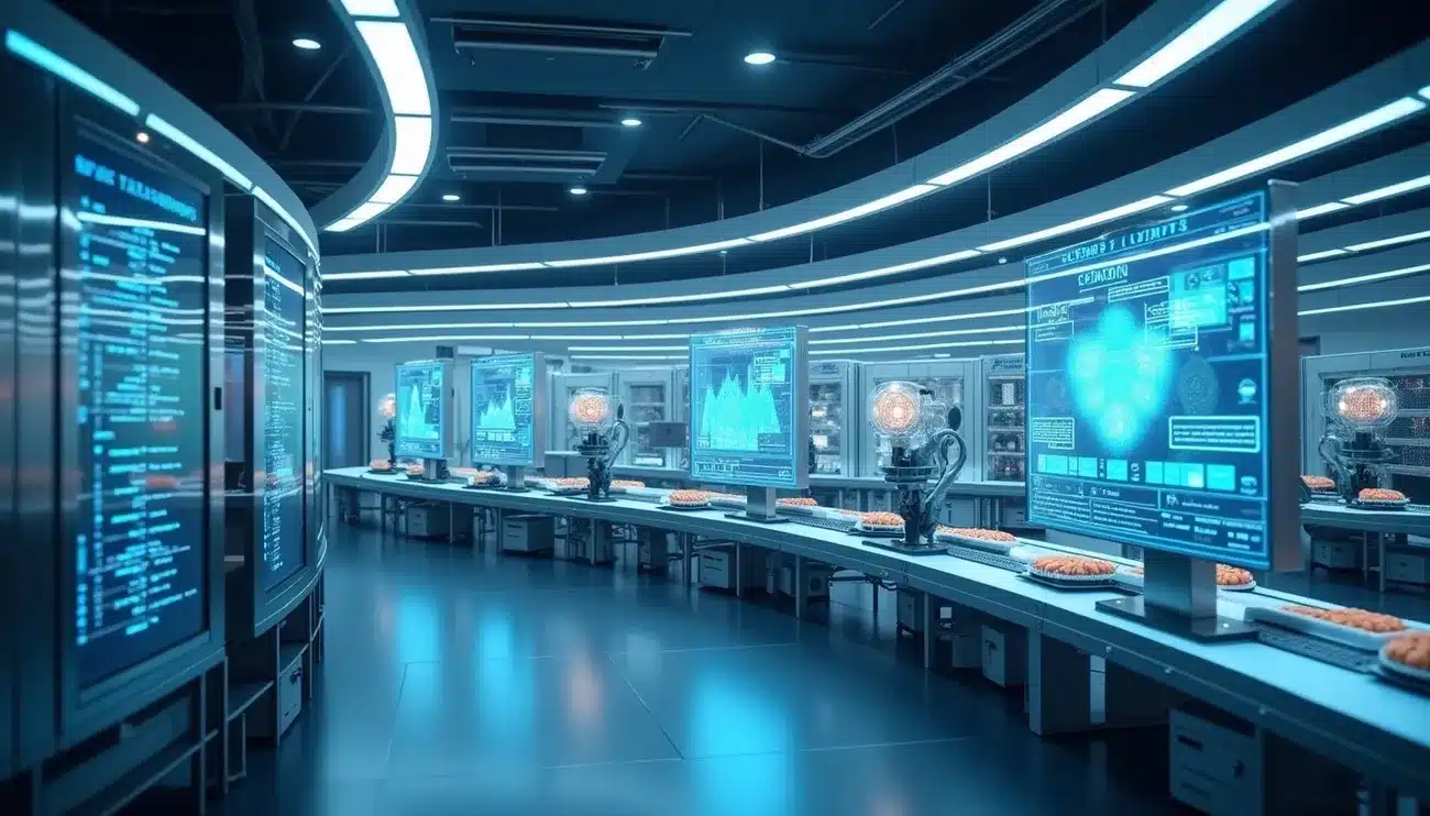 Futuristic food production line with robotic arms and digital screens displaying operational technology data in a high-tech facility.